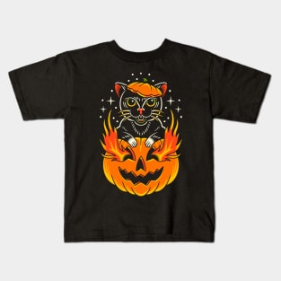 Traditional Cat with Pumpkin Tattoo Piece Kids T-Shirt